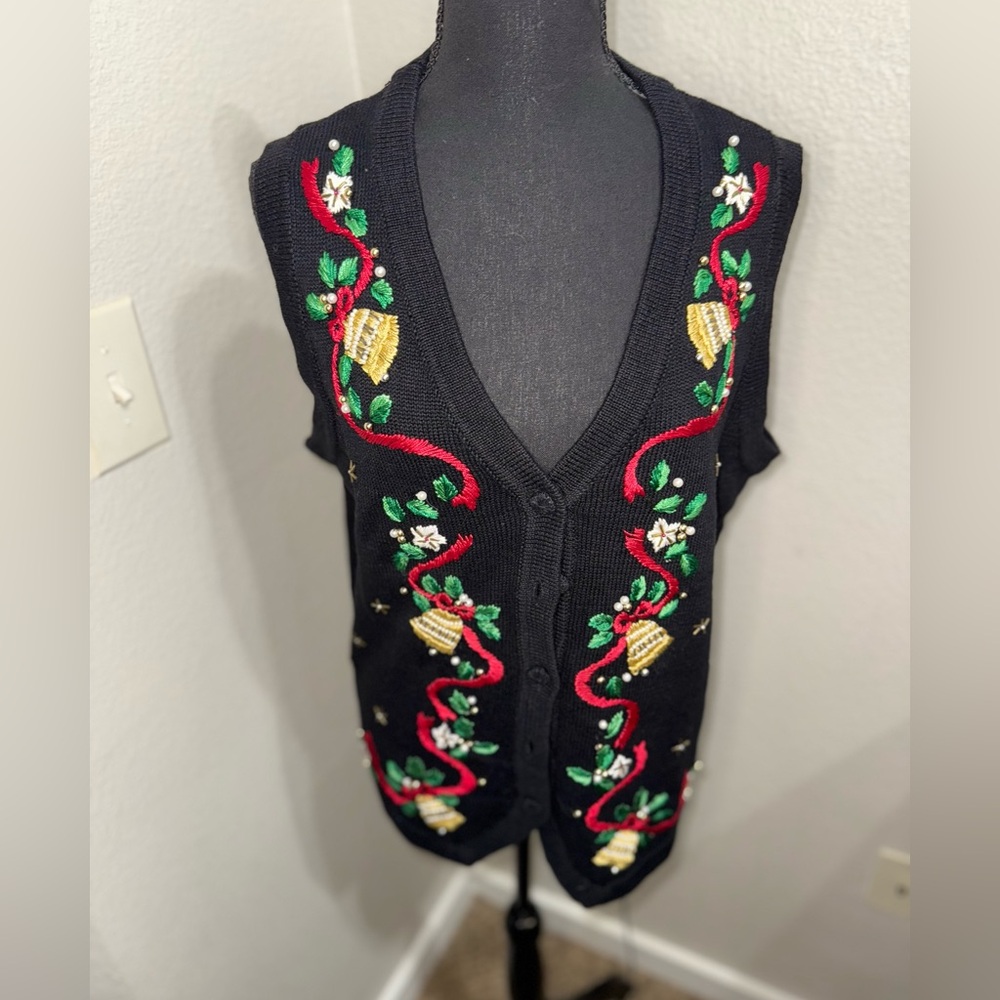 Victoria Jones Vest Black Multi Christmas Floral Embroidered Design- Size Medium